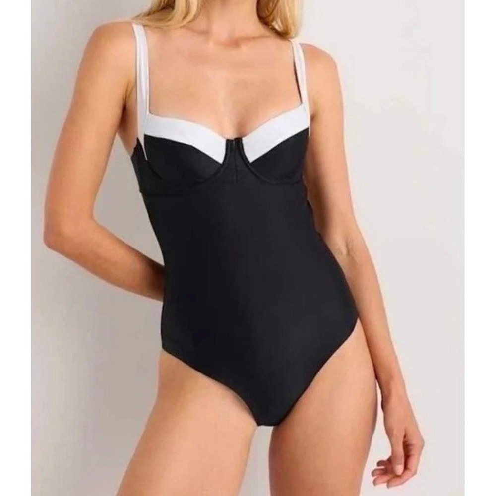 Quince Italian Underwire Tie-Back One Piece Swimsuit Black White Medium NWT